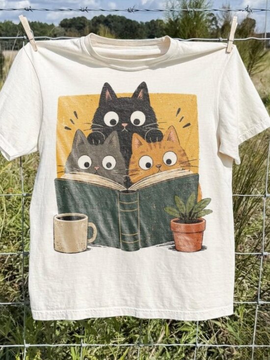 Other - Curious Reading Cats Graphic Tee, Book Lover Cat Shirt